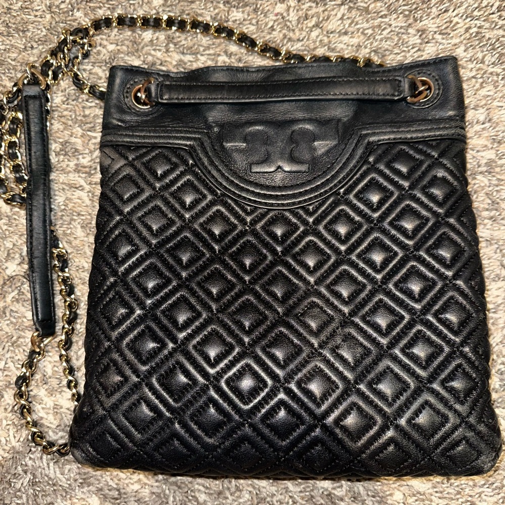 Tory Burch Black Quilted Leather Crossbody Bag with Gold Chain